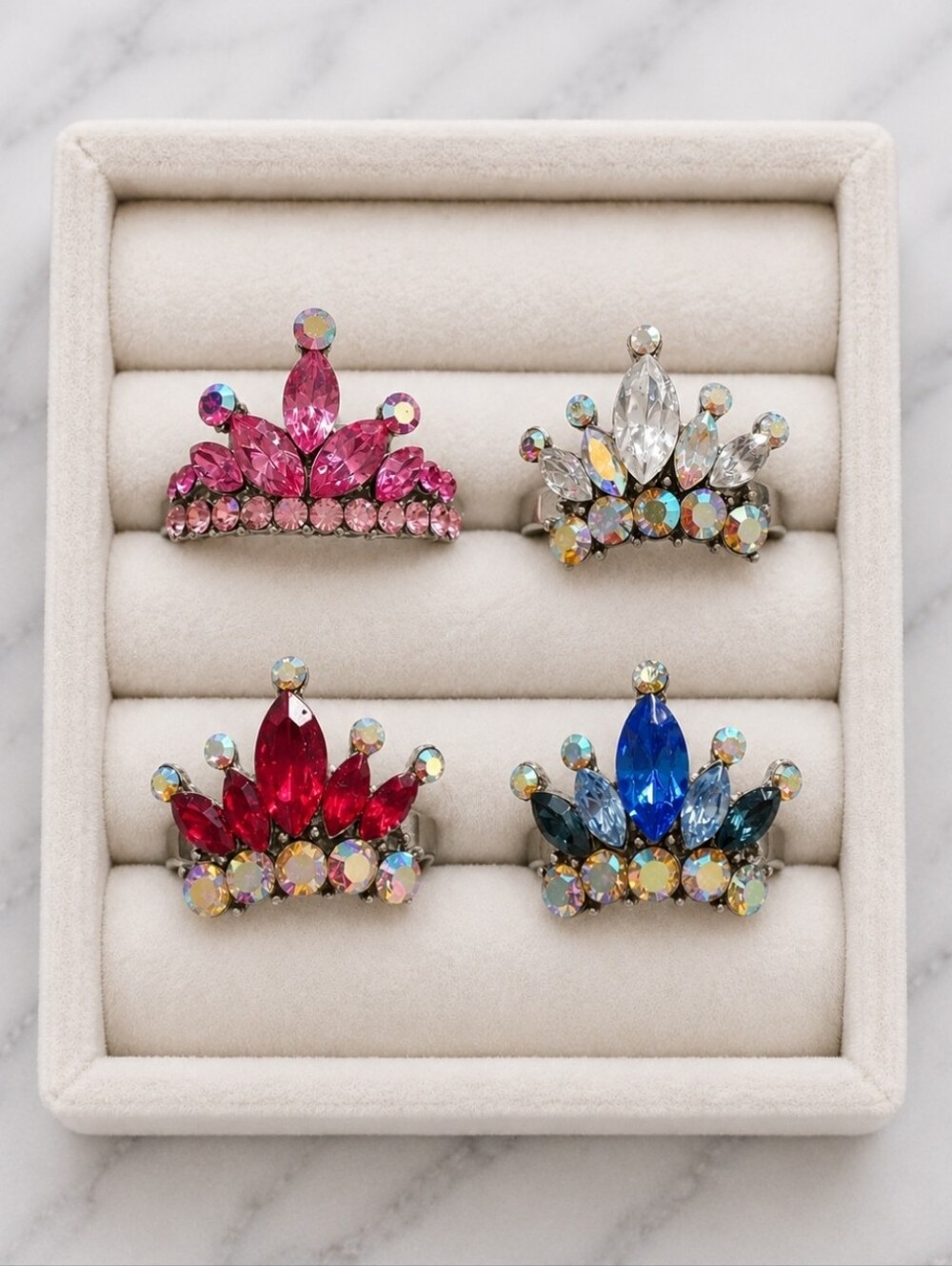 Set of 4 Crystal Rhinestone Tiara Crown Adjustable Rings Party Favors NWOT